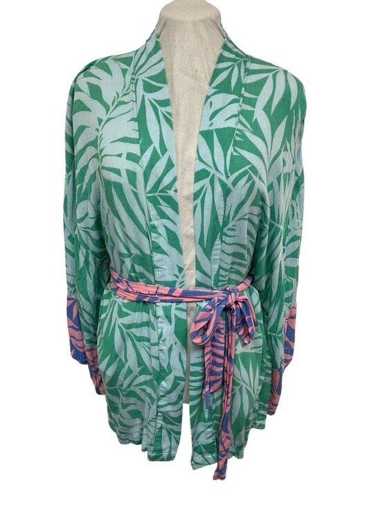 Billabong Other - Billabong Palm Print Kimono Cardigan With Tie Belt & Pink Sleeve Detail